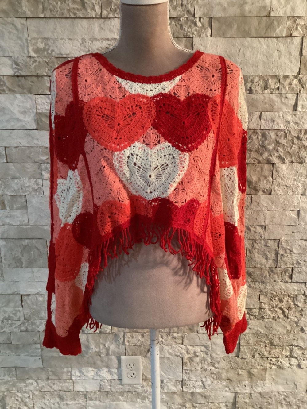 NWT House of Harlow 1960 Crochet Heart Fringe Poncho Sweater OSFA Pink Red